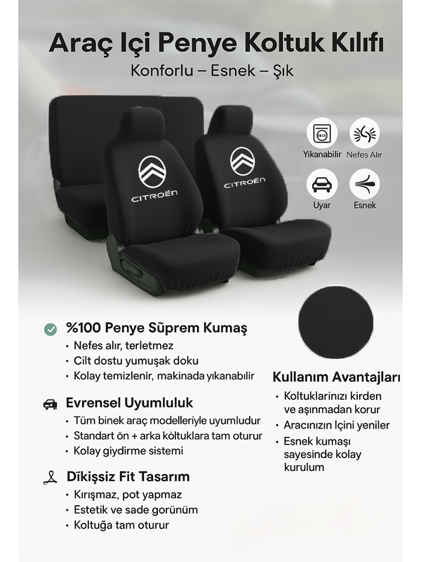 citroen c3 ile uyumlu oto koltuk kilifi fit yapisi ile aracinizin havasini degistirir